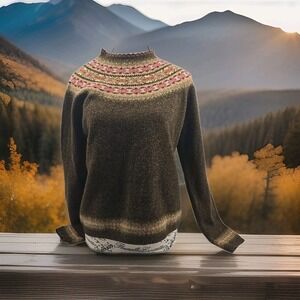 VTG Talbots Womens Fair Isle Lambs Wool Knit Sweater Olive Brown Nordic Large